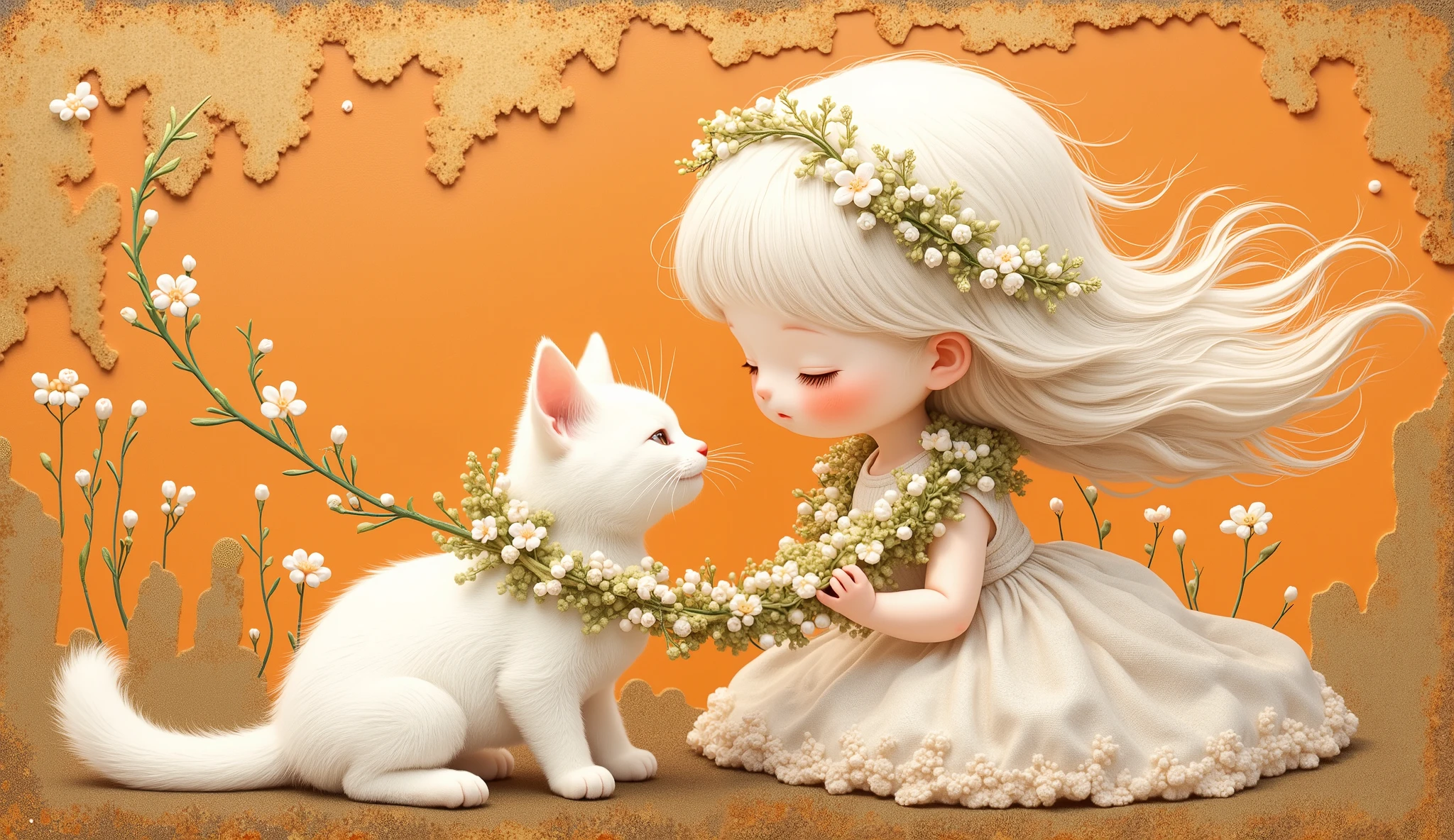 a girl (full body) plays with her white cat, both using a lei of white and gold flowers, her face is sweet and delicate, the wind makes her white hair fly and confuse with the small flowers of the lei, her dress fly with the wind too, color palette: pale orange, white and gold, blackground is a collage with metallic foil, and rusty material.