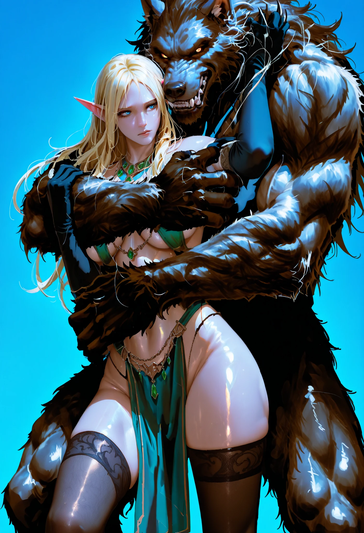 Black Silhouette Art, blue background,Flowing hair, 1 elf,hair grazes,black high stockings,high gloves,pelvic curtain necklace,on the back looking back,pointy ears,detailed eyes shiny skin,standing,Strong Pose,Silhouette of a hairy werewolf,size difference,claws,Hug from behind,Muscular