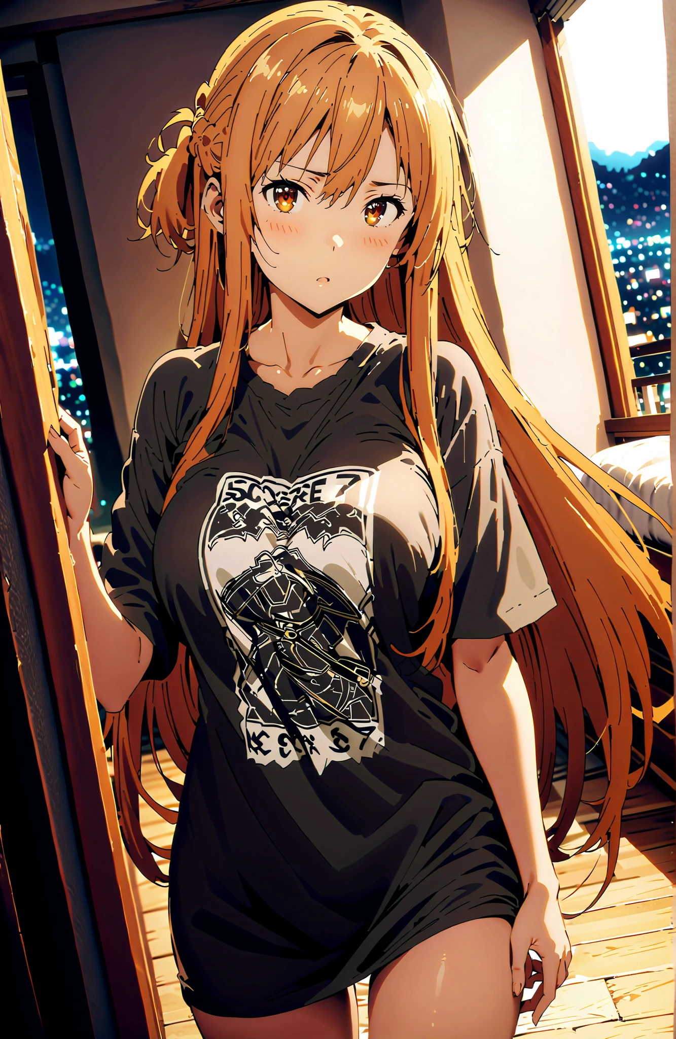 score_9, score_8_up, score_7_up, source_anime, Asuna Yuki , long hair, bungs, Hair,brown eyes in the bedroom,Big Breasts,half updo,oversized t-shirt,black string panties,Bare legs,standing, Beautiful Streetscapes, beautiful night view with depth,embarrassing,mouth,blush,interior,curtains, bet,window,full bodyがイラストに入るように,in their 40s looking at viewer,full body,
in their 40s indoors, bedroom,
in their 40s (masterpiece:1.2), best quality, high resolution, Unity 8Kの壁紙, ( 's art :0.8), (beautiful detailed eyes:1.6), very detailed face, perfect lighting, very detailed CG, (perfect hand in h, Perfect Anatomy),