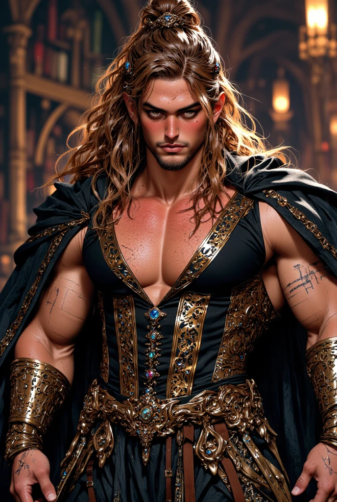 (((Luxurious shoulder length blond hair and sexy smirk.))) (((18 years old.))) (((18yo.))) (((Cute smirk.))) (((Single character image.))) (((1boy))) (((Looks like beefcake male fantasy character.))) Create an enchanting AI-generated image of a charismatic and irresistibly attractive man in a high fantasy realm. He should exude rugged, dashing charm that captures the attention of every onlooker, particularly the adoring gazes of countless women. This character must embody thrilling and exciting qualities, but his arrogance should be evident in his posture and expression.  Fantasy art.  Fantasy character.  He is expressive and has a lot of personality.  Has the body of a male model and a perfect male physique.  (((He seems flirty, sexy and rough.)))(((Seductive like a sexy villain.))) (((Very sexy abs.)))(((Sexy tattoos.)))


 dungeons & dragons, fantasy adventurer, fantasy NPC, attractive male in his mid 20's, ultra detailed, epic masterpiece, ultra detailed, intricate details, digital art, unreal engine, 8k, ultra HD, centered image award winning, fantasy art concept, digital art, centered image, flirting with viewer, best quality:1.0,hyperealistic:1.0,photorealistic:1.0,madly detailed CG unity 8k wallpaper:1.0,masterpiece:1.3,madly detailed photo:1.2, hyper-realistic lifelike texture:1.4, picture-perfect:1.0,8k, HQ,best quality:1.0,

 best quality:1.0,hyperealistic:1.0,photorealistic:1.0,madly detailed CG unity 8k wallpaper:1.0,masterpiece:1.3,madly detailed photo:1.2, hyper-realistic lifelike texture:1.4, picture-perfect:1.0,8k, HQ,best quality:1.0,


