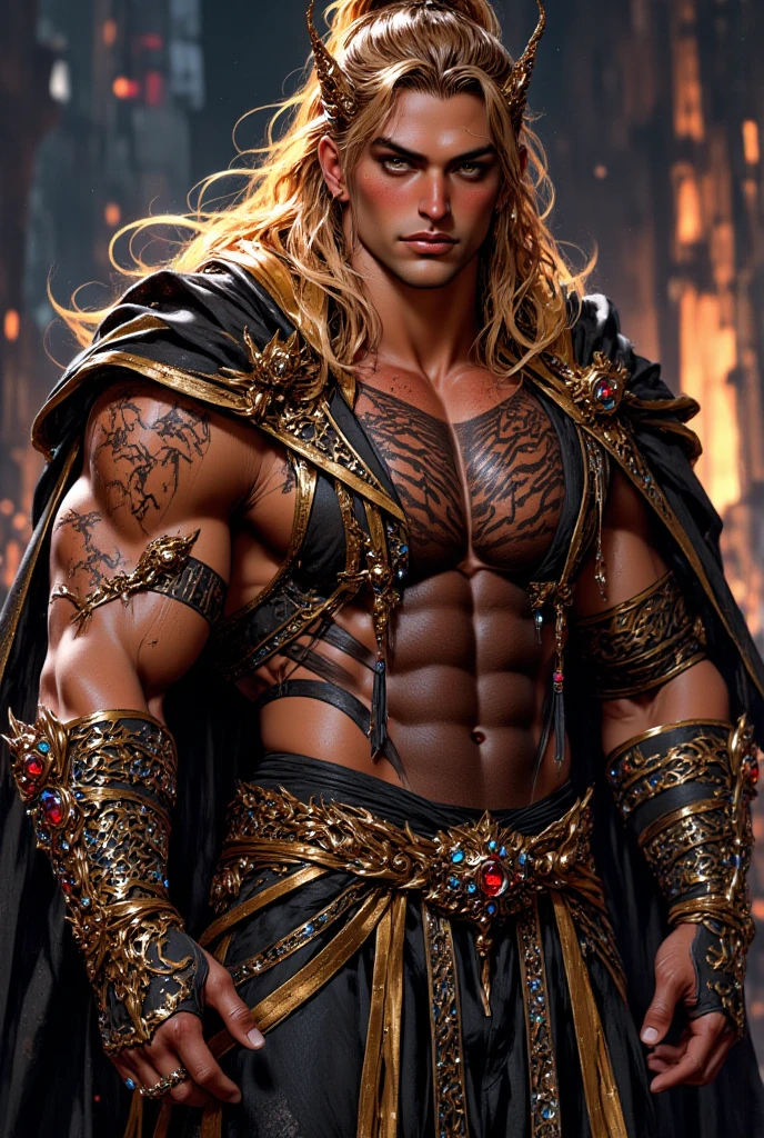 (((Luxurious shoulder length blond hair and sexy smirk.))) (((18 years old.))) (((18yo.))) (((Cute smirk.))) (((Single character image.))) (((1boy))) (((Looks like beefcake male fantasy character.))) Create an enchanting AI-generated image of a charismatic and irresistibly attractive man in a high fantasy realm. He should exude rugged, dashing charm that captures the attention of every onlooker, particularly the adoring gazes of countless women. This character must embody thrilling and exciting qualities, but his arrogance should be evident in his posture and expression. Fantasy art. Fantasy character. He is expressive and has a lot of personality. Has the body of a male model and a perfect male physique. (((He seems flirty, sexy and rough.)))(((Seductive like a sexy villain.))) (((Very sexy abs.)))(((Sexy tattoos.))) (((He looks like a sexy male sorcerer who practices the dark arts.))) (((Dark and eerie background.))) 18 years old Hunk , looking at viewer, photorealistic, perfect face, perfect face, beautiful big gym built, , open shirt, black pants, straight,
dungeons & dragons, fantasy adventurer, fantasy NPC, attractive male in his mid 20's, ultra detailed, epic masterpiece, ultra detailed, intricate details, digital art, unreal engine, 8k, ultra HD, centered image award winning, fantasy art concept, digital art, centered image, flirting with viewer, best quality:1.0,hyperealistic:1.0,photorealistic:1.0,madly detailed CG unity 8k wallpaper:1.0,masterpiece:1.3,madly detailed photo:1.2, hyper-realistic lifelike texture:1.4, picture-perfect:1.0,8k, HQ,best quality:1.0,
best quality:1.0,hyperealistic:1.0,photorealistic:1.0,madly detailed CG unity 8k wallpaper:1.0,masterpiece:1.3,madly detailed photo:1.2, hyper-realistic lifelike texture:1.4, picture-perfect:1.0,8k, HQ,best quality:1.0,