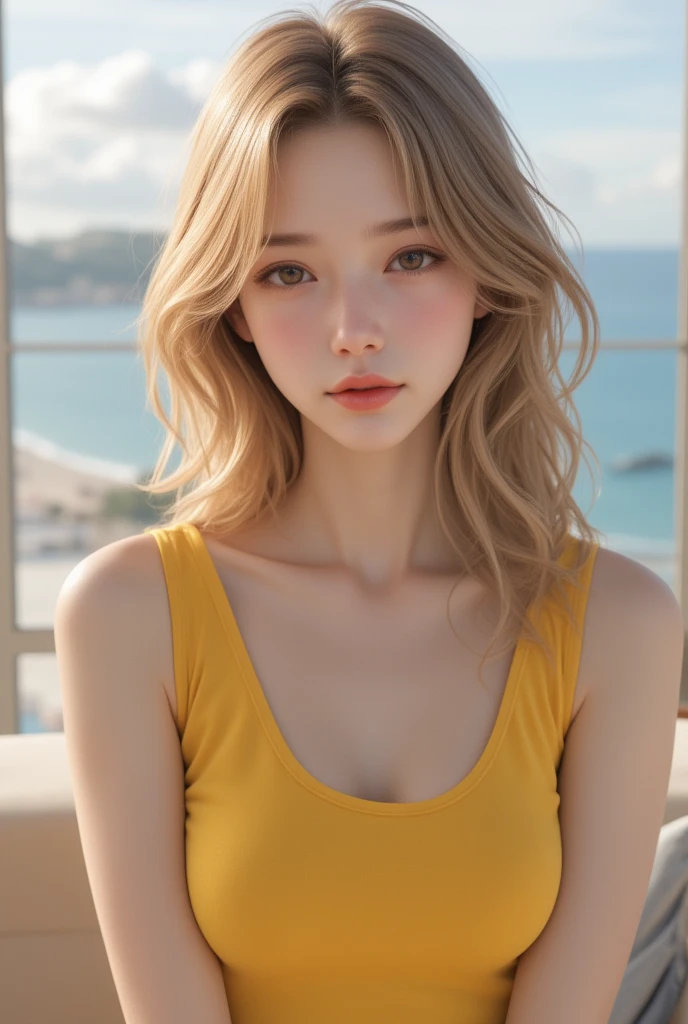 1 girl, alone, looking at the viewer, dark blonde long hair, tank top, mini skirt, brown eyes, Coastal rocky background, small ?????? , lips, realistic, a konigsreuter､masterpiece, 最high quality, high quality, High resolution,