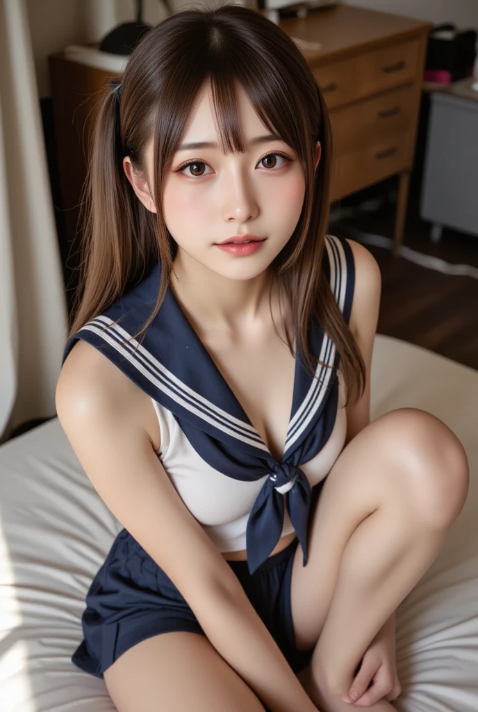 (highest quality,masterpiece:1.3,Ultra-high resolution),(Very detailed、Caustics) (Realistic:1.4, RAW shooting、)Ultra-Realistic Capture、Very detailed、Natural skin texture、masterpiece、(One Japanese girl wearing a junior high school sailor uniform:1.3)、Adorable expression、Expressions of Happiness、、Young Face、Amazingly cute、Twin tails、Curly Hair、Black Hair、Scrunchie、necklace、Bare arms、light makeup、G-cup breasts、Shining Breasts、Shining thighs、Filmed in a private room at a sex shop、Position on all fours in bed、A pose that emphasizes the chest、smile、An inviting gaze、Full body photography、Anatomically correct、Attention to detail、