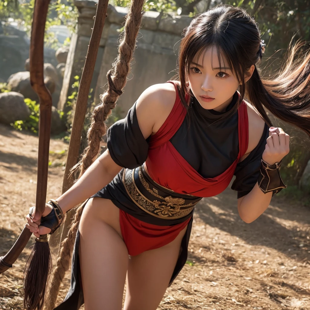 (best qualtiy),(solo person++),Woman in red,((Kneeling pose,Point at you with your ass))mature,(Female captive+),Flirtatious,Black bun,Jade foot,Barefoot,(Hands tied behind their backs),(Women cut off their heads),(Anvil,Beheaded by a large sword),Decapitation ceremony,jewelry,Normal posture