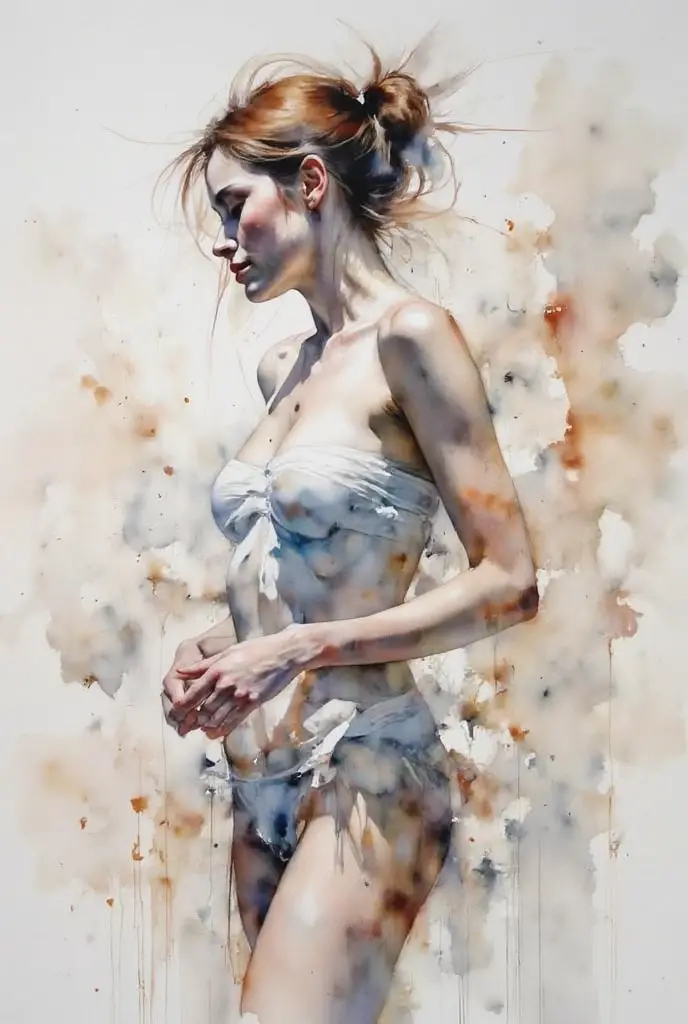 watercolor drawing in Retro-Look, white background, two naked woman walk, a skinny and a fat female, full frontal body shot, in the style of classic Americana, Andrew Loomis style, Masterpiece work of art,