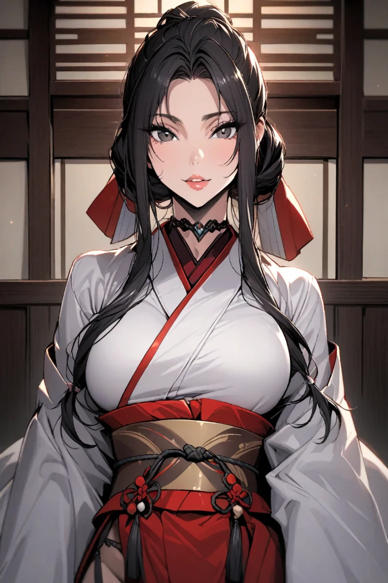 A girl with long black hair with white peekaboo highlights, white eyes, fair skin tone, slender and athletic built, taoist  full clothed, detailed hair, detailed body, best quality, aesthetic, 8k