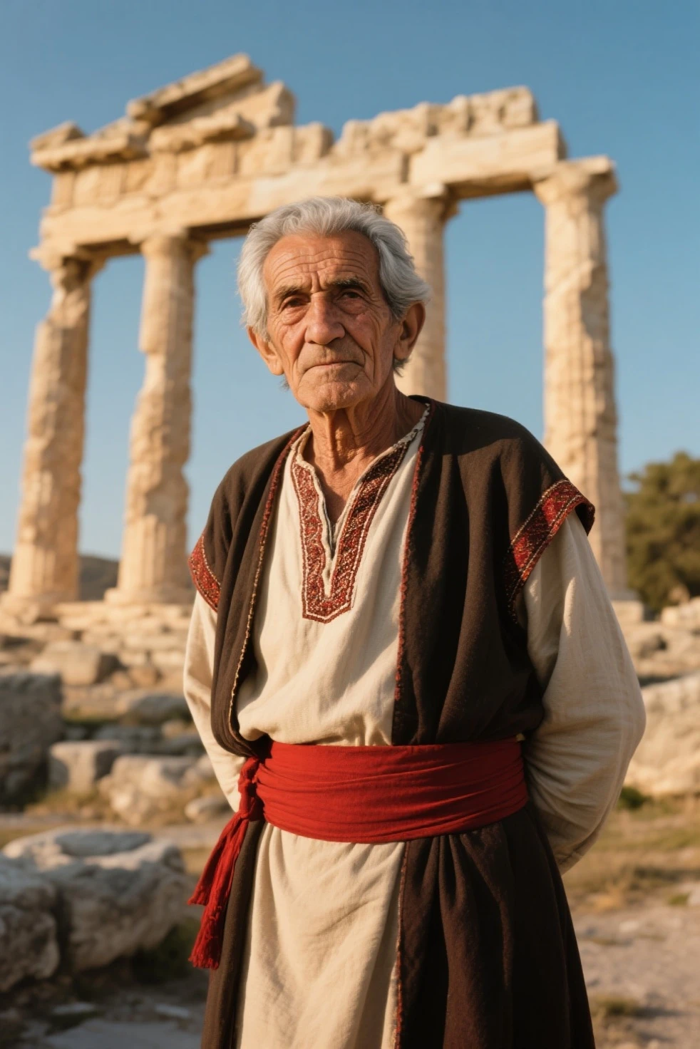 Frontal photograph of an elderly, bald, white-bearded Greek man in ancient Greek clothes. The lighting is natural with a single coloured background behind this older man with a white beard and bald head, wearing ancient Greek clothes, fully clothed, his body is not naked. He is facing frontally and standing on a stone floor. His mouth is closed but with a smile.