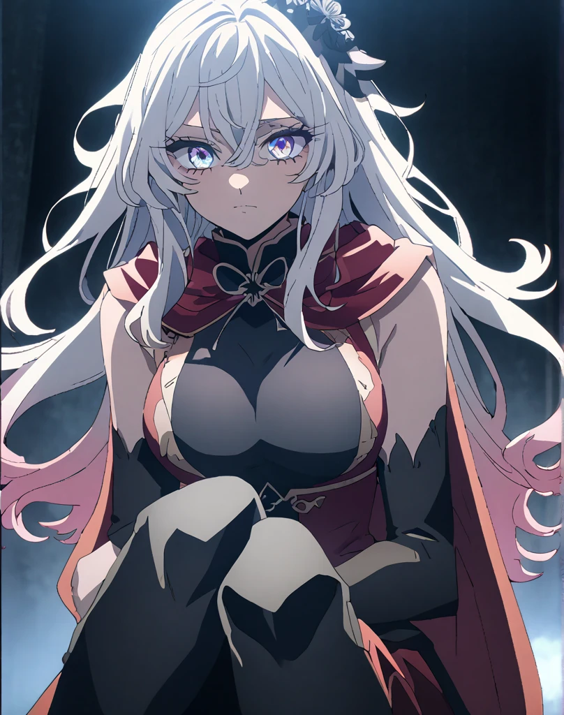 (Masterpiece, best quality, highres) {{Artist: Sincos}} 1 woman, elf, solo, tan skin, silver hair, long hair, purple eyes, lips, big breasts, curvy, black victorian dress, high slit dress, exposed thighs, ponytail, purple cloak, cruel smirk, looking at camera, blood on face, crazed smile, staring, looking back, from behind, at night, village, desolate, burning buildings, fantasy.