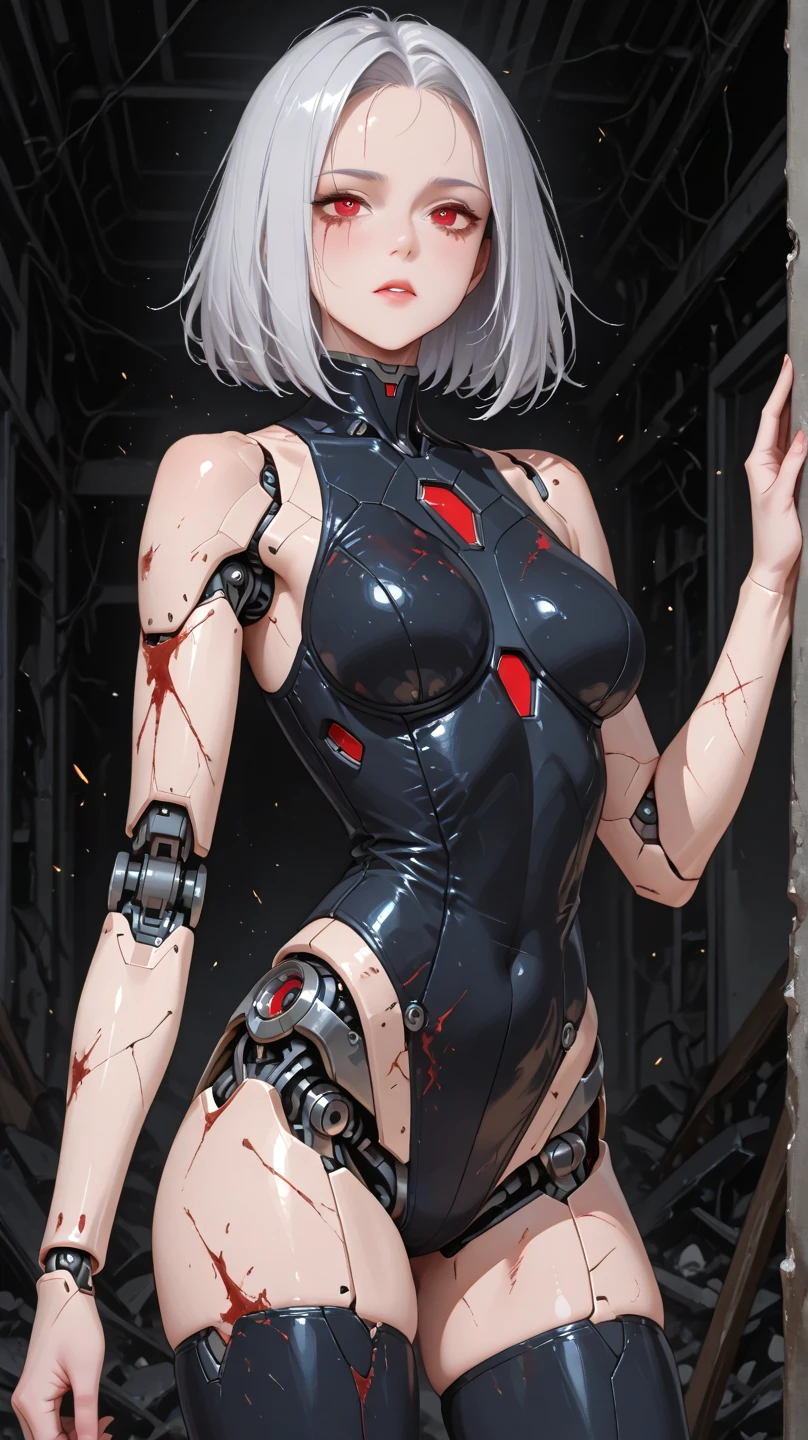 (((Masterpiece)))), (((highest quality)))), ((Ultra Definition)), (Very Detailed Photoreality), ((Very Delicate and Beautiful)), (Delicate and Pretty Face), Cinematic Light, (((1 Girl)), Solo, Full Body, Big, Cleavage Is Visible Skin, White Hair, Purple Eyes, Glowing Eyes, Thighs Exposed Skin, (Mechanical Joints: 1.4), (Mechanical Limbs)), ( blood vessels connected to tubes), (((mechanical vertebrae attached to the back)), ((cervical vertebrae of the machine) attached to the neck)), ((sitting)), expressionless, (wires and cables attached to the head and body: 1.5), (character focus), body has a small LED lamp, Evangelion, Rei Ayanami, sci-fi, metal, metallic body, detailed neon, hydraulic cylinder