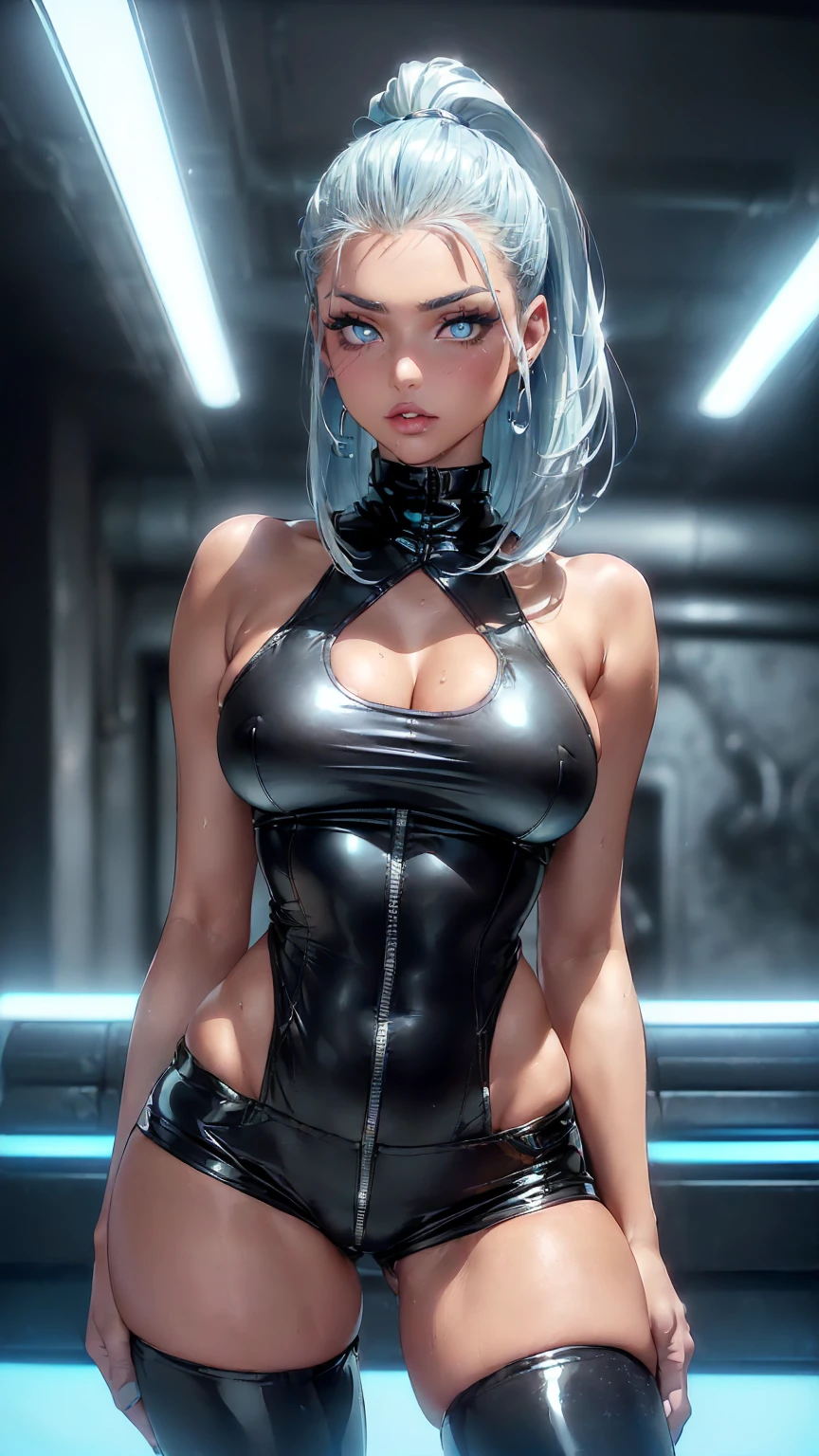 （lifelike， high - resolution：1.3）， 1 girl with a perfect body，slender body, Super fine face and eyes，assasin, dark makeup, shiny skin，white hair, (girl caught in a sex machine)，Expose cleavage, (sex machine, restrained, bound, bdsm, object insertion, smachine) (wet skin, shiny skin)