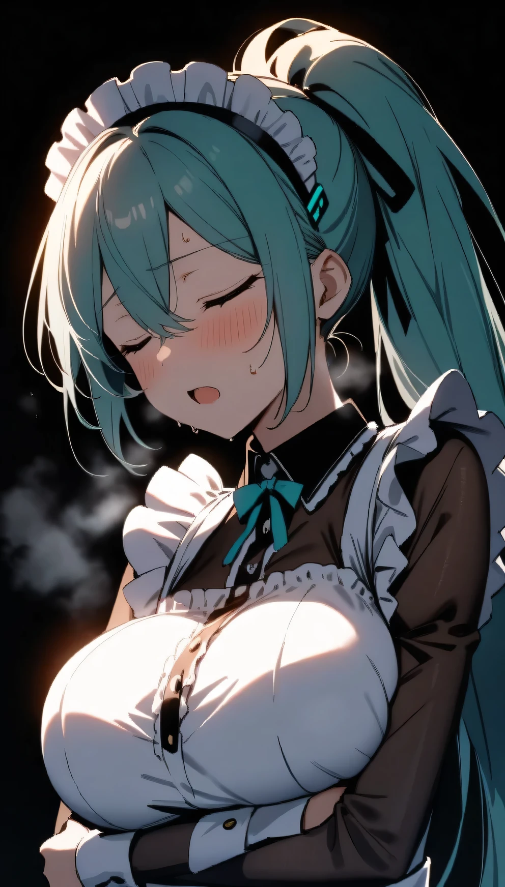 (masterpiece:1.2), ハイパー Details, best quality, (Complex_ Details:1.1), 美しい Details, Beautiful Hair, Pony Tail Hair, Alone, 1 girl, Hatsune Miku,( is sweating:1.2),(steam:1.4), breathes heavily in the gang's lair ,steam,,the above, shoulder,((Maid)), clevis,dark, Backlight , shoulder focus, under the spotlight ,Greasy breasts, under the spotlight , shoulder focus,throw, upper body, sleeping in bed ,side,break (Woman hugged from behind by man:1.4), open your mouth ,cum on breasts,{{kissu