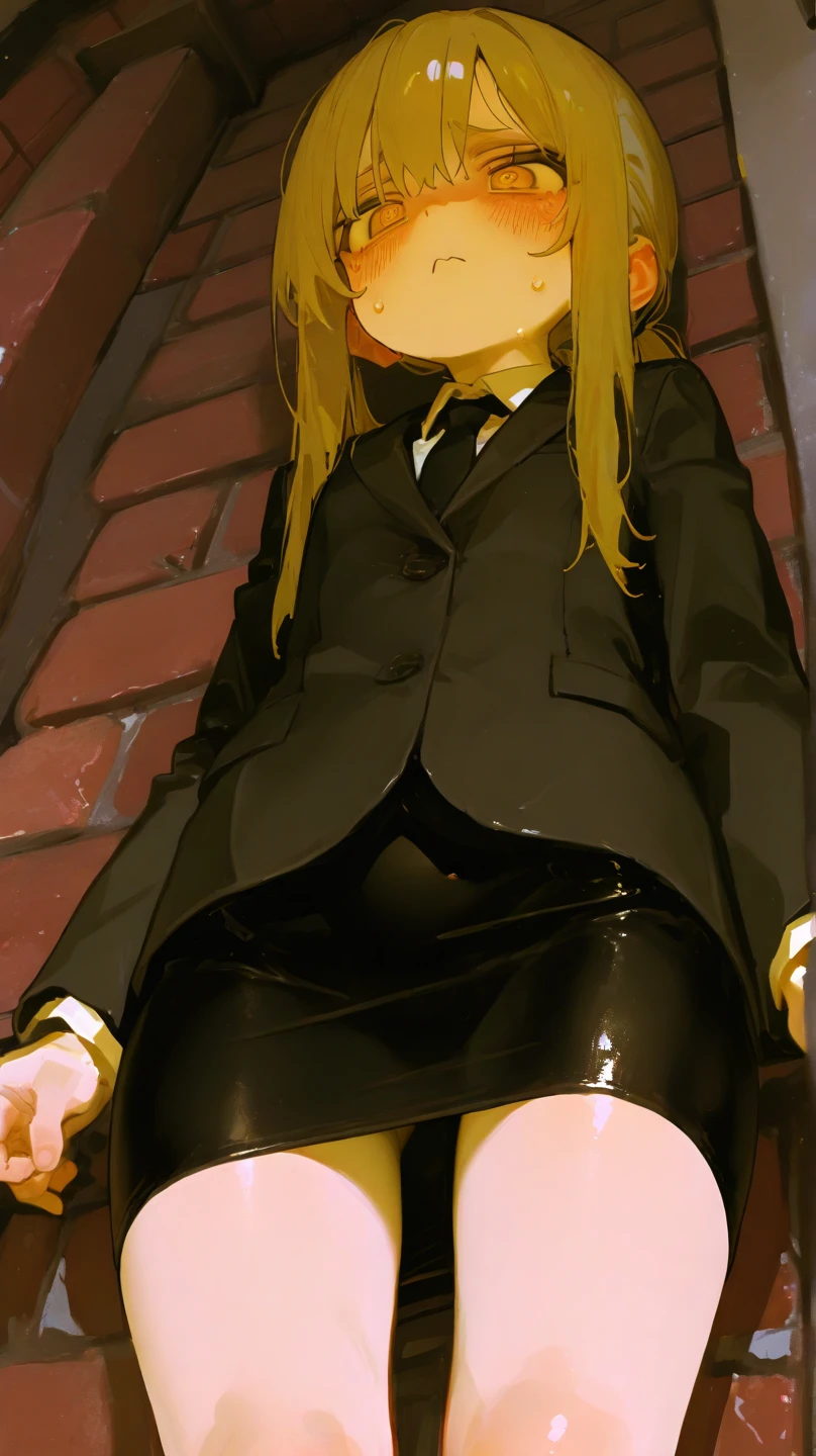 masterpiece, best quality, ultra-detailed, panty mask, 1girl, Arimura, blonde hair, blue eyes, hair ribbon, white ribbon, school uniform, thighhighs, white thighhighs,