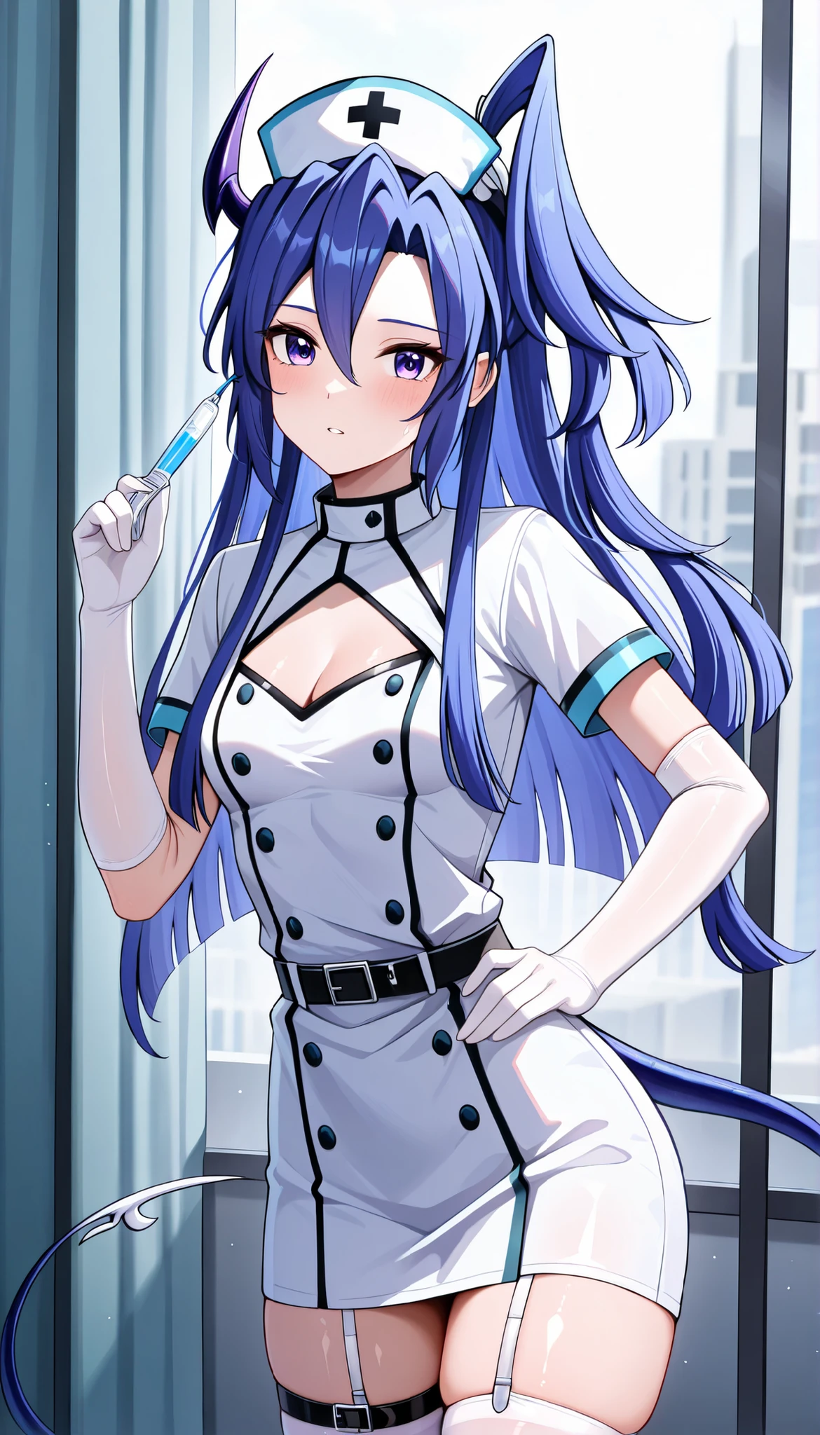 masterpiece, best quality, amazing quality, very aesthetic, absurdres, newest,shiny skin,  Kazanari Tsubasa,  blue_hair purple eyes,  one side up, ruanyi0835,belt,cleavage cutout,demon horns,demon tail,demon wings,elbow gloves,nurse,nurse cap,short sleeves,thigh strap,white thighhighs,white dress, looking at viewer、upper Body、