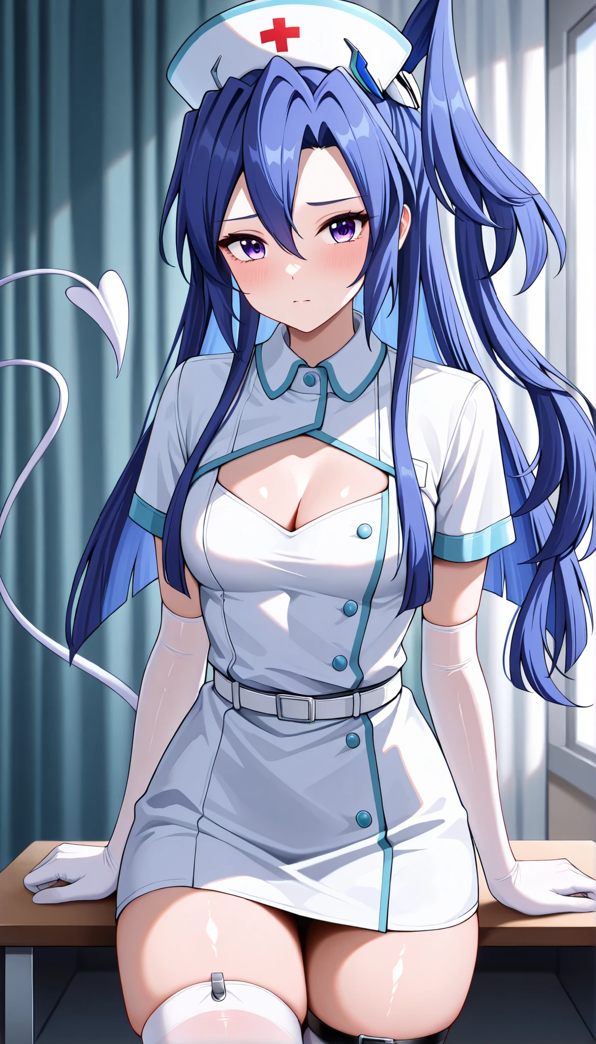masterpiece, best quality, amazing quality, very aesthetic, absurdres, newest,shiny skin, Kazanari Tsubasa, blue_hair purple eyes, one side up, ruanyi0835,belt,cleavage cutout,demon horns,demon tail,demon wings,elbow gloves,nurse,nurse cap,short sleeves,thigh strap,white thighhighs,white dress, looking at viewer、upper Body、