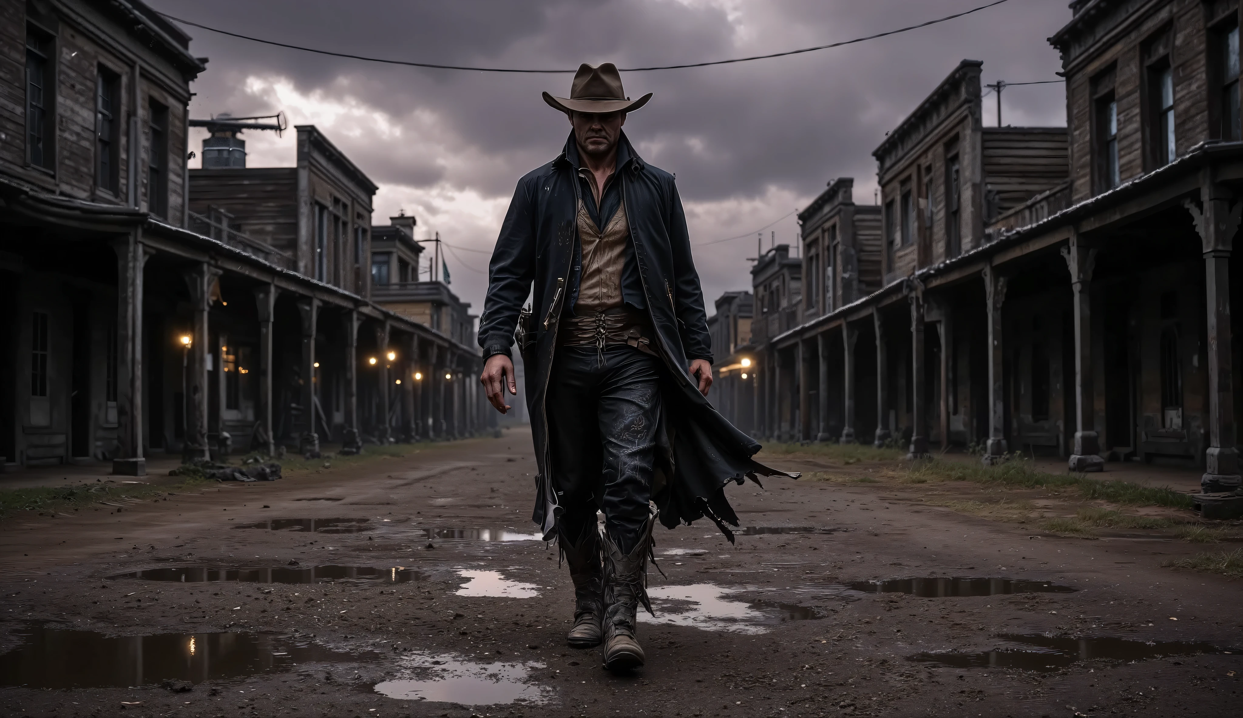 Hyper-realistic cinematic wide shot captured in 16:9 aspect ratio: a solitary cowboy walks slowly down the center of a deserted, mud-soaked street in a crumbling, forgotten Old West town at dusk. The cold air hangs heavy with mist and the lingering threat of rain. The camera frames him from a low front-facing angle, emphasizing the gritty determination in his slow, deliberate steps. In one hand, he loosely grips a weathered pistol, its metal surface tarnished and catching the faintest glint of dying light.
The sky above is an endless expanse of thick, dark storm clouds, painted in bruised shades of deep purple and ashen gray. Dim, uneven lanterns flicker weakly from crooked wooden buildings, their light struggling against the creeping darkness. The ground is churned and uneven, with puddles of murky water reflecting the distorted, ghostly outlines of the surrounding town.
Photorealistic textures capture every painstaking detail: the cracked, mud-caked boots of the cowboy, the frayed edges of his dust-smeared duster coat fluttering slightly in the chill wind, the battered wooden facades of abandoned saloons and general stores leaning precariously inward as if suffocating under the weight of time.
A shallow depth of field keeps the cowboy razor-sharp in focus, while the rest of the town, heavy with silence and decay, fades into a soft, melancholic blur. The tone is grim, cold, and loaded with tension — a haunting portrait of isolation, confrontation, and the harsh desolation of the frontier.
Captured with a vintage 35mm film camera, featuring soft organic film grain, naturalistic lighting with deep shadow pockets, muted color grading dominated by muddy browns, cold grays, and faded indigos, and a brooding cinematic composition that feels like the lead-in to an inevitable, tragic showdown.