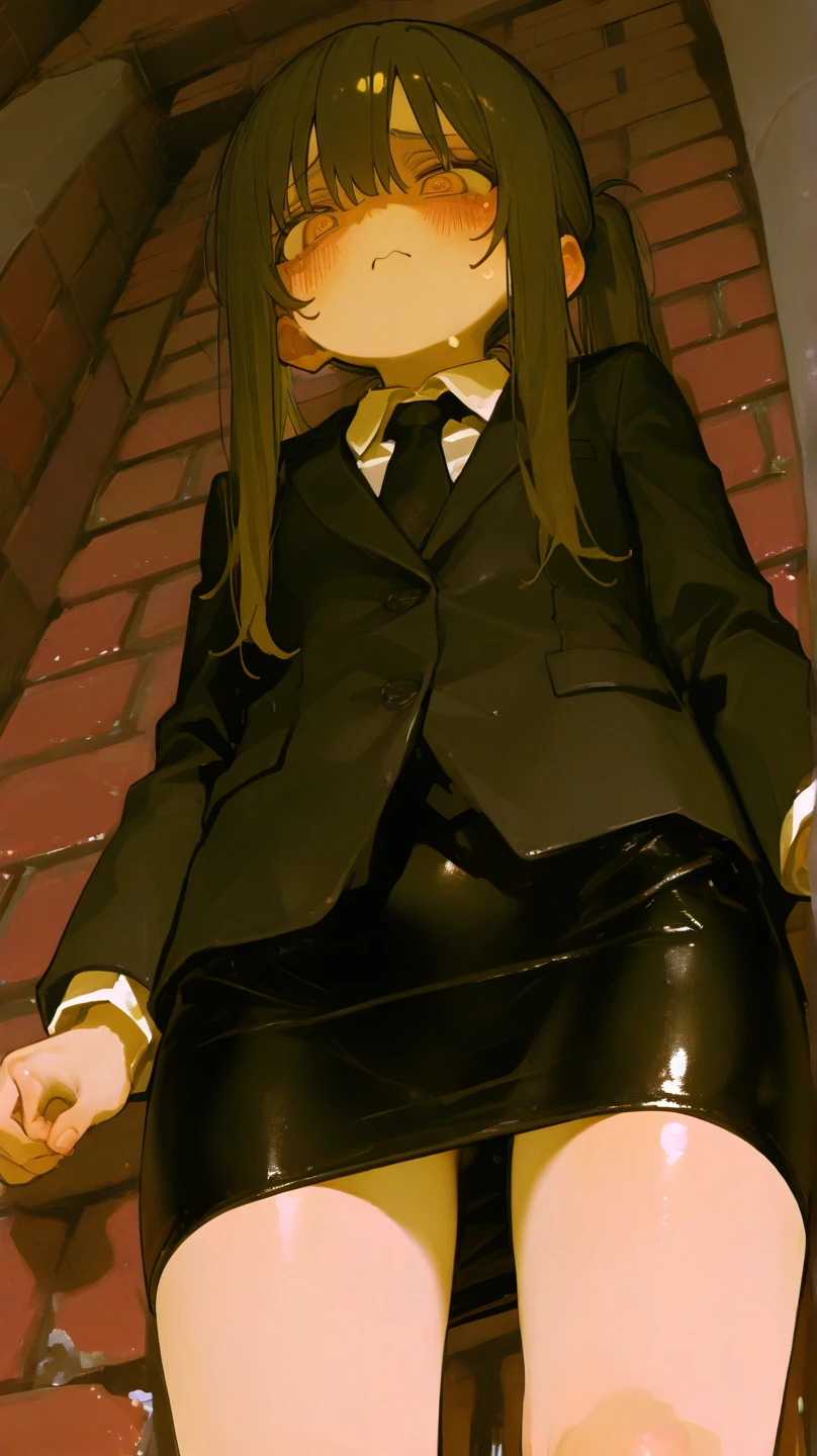 Leather pleated ball gown, peeing herself, peeing, peeing self, very desperate to pee, waiting in long line of women for the bathroom, full face blush, sad, crying, flustered, pubic hair, black stockings brown boots ruffled panties, peeing, peeing self, peeing, peeing self, pee puddle, puddle of her own urine is forming around her feet, platinum blonde hair,