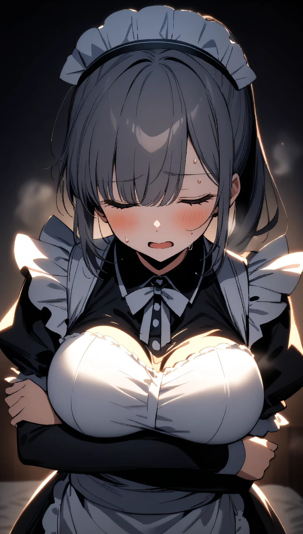 (masterpiece:1.2), ハイパー Details, best quality, (Complex_ Details:1.1), 美しい Details, Beautiful Hair, Pony Tail Hair, Alone, 1 girl,( is sweating:1.2),(steam:1.4), breathes heavily in the gang's lair ,steam,,the above, shoulder,((Maid)), clevis,dark, Backlight , shoulder focus, under the spotlight ,Greasy breasts, under the spotlight , shoulder focus,throw, upper body, sleeping in bed ,side,break (Woman hugged from behind by man:1.4), open your mouth ,cum on sweating breasts,{{kissu