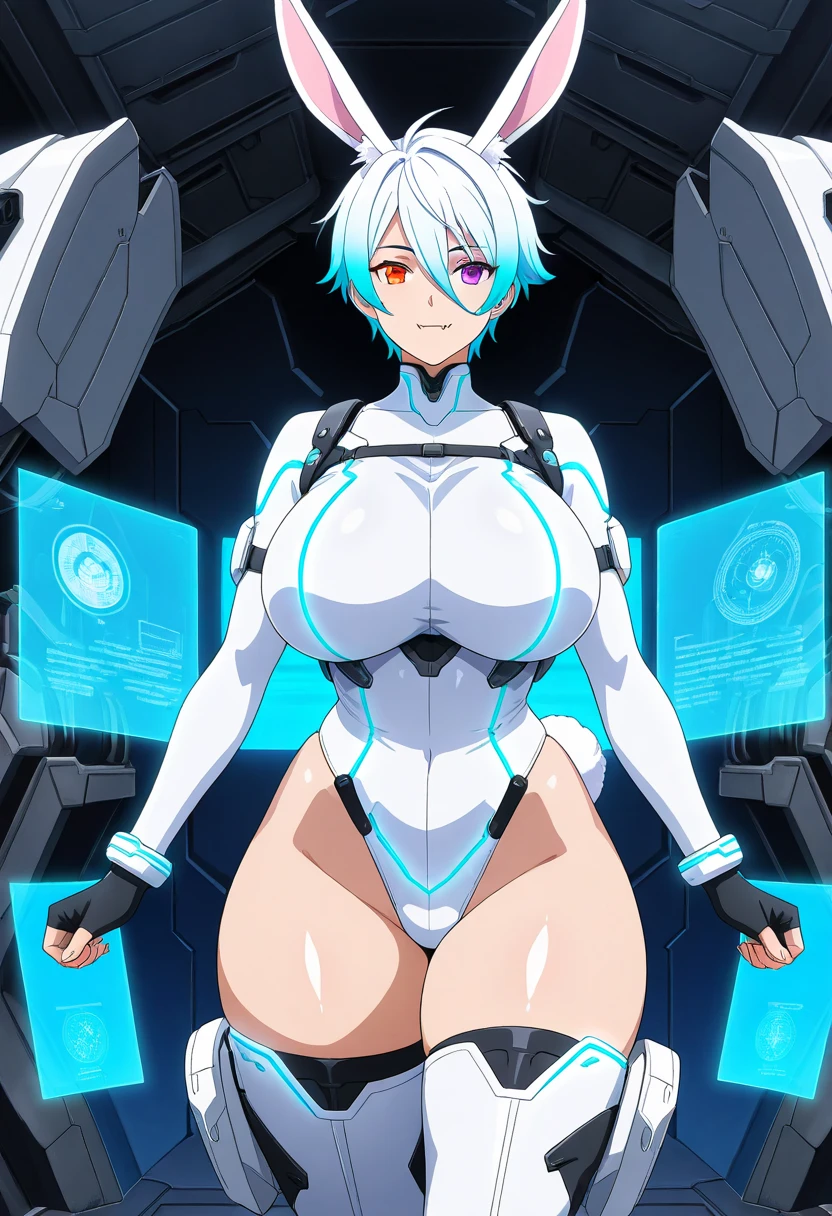 1girl, bunny ears, rabbit ears, large breasts, breasts, mature female, purple eyes, light smile, salute, saluting, smile, blue hair, very short hair, bodysuit, pantyhose, black pantyhose, white bodysuit, light blue hair, light skin, neon, neon trim, neon lights, macjonery, futuristic, science-fiction, tech