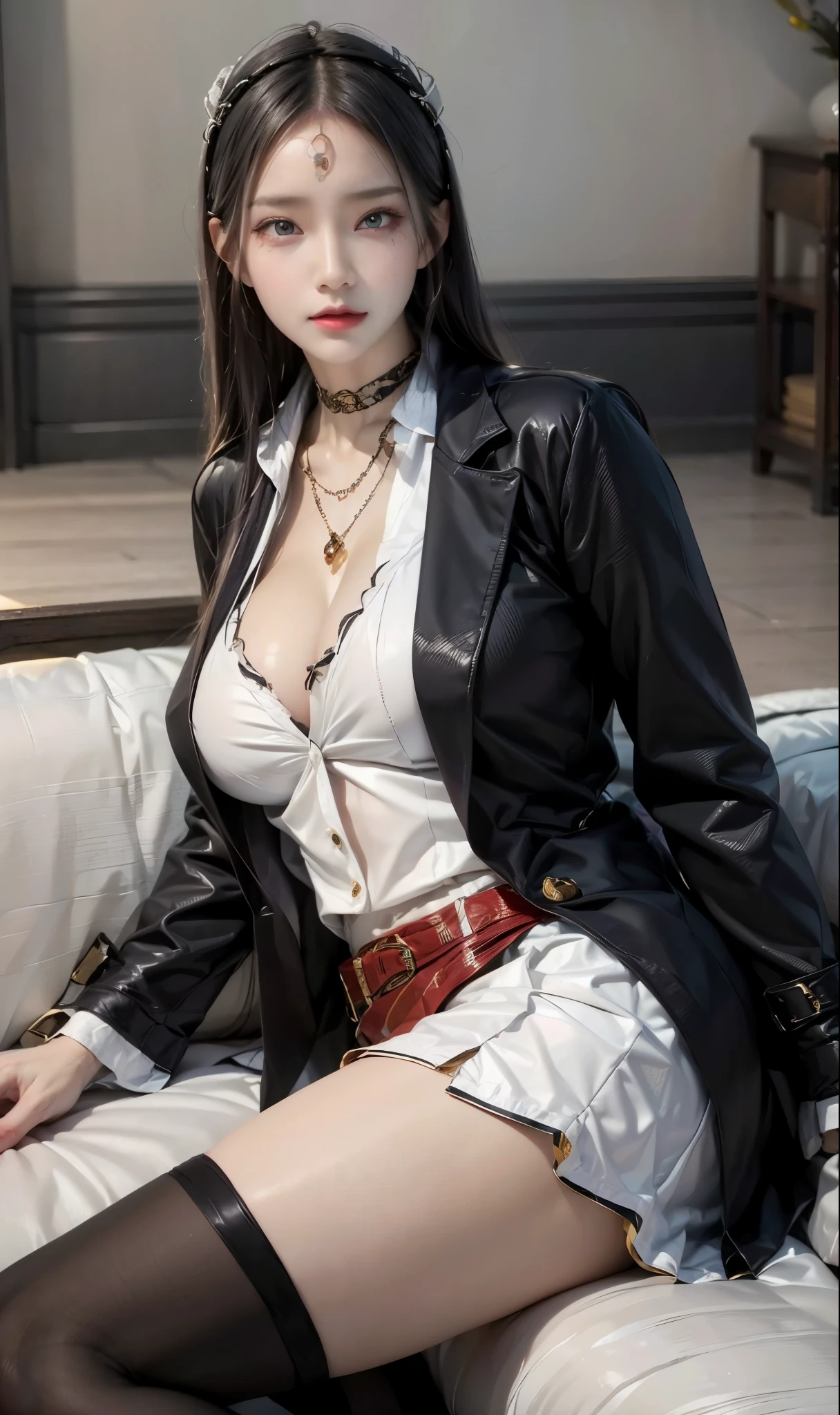 full body Esbian, of the highest quality, Intricately detailed skins, Shiny skin, Shiny hair, pale complexion,Colossal tits ,Big breasts), Red sky, Red Moon, Inside the jewelry store, ((Skull Mark)), ambitious, Seductive Woman, Gray hair, Long hair, Hair fluttering in the wind, Skull mask on half of the face, Detailed tattoos, Red sweater, Red fur coat,Red color clothes, Leather gloves, Solid Gold Bracelet, Leather skirt, Red mini skirt , Hat with skull marker, (Leather Belt), Look far away