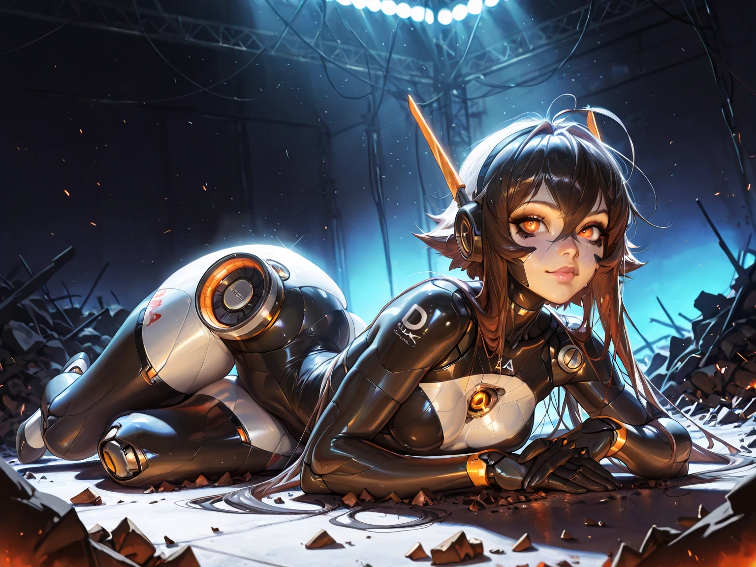 teens girl,Transparent black silk,opening legs,Biye smiled,A group of robots around you