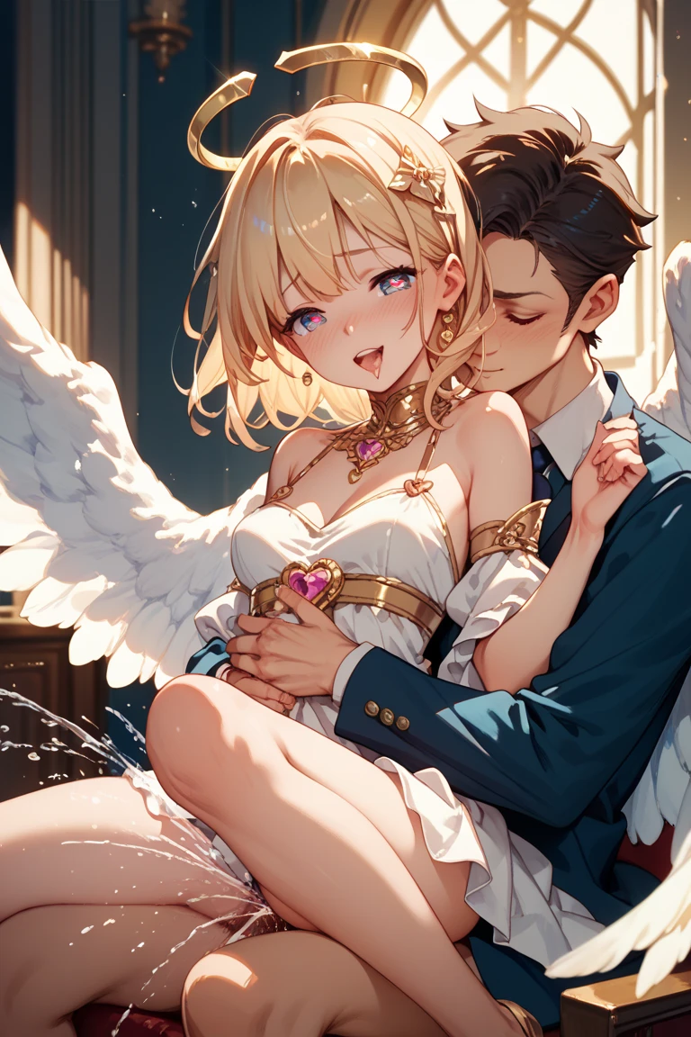Detailed details,bodystocking,Kizi ,angelicales,Golden hair,Golden wings,Golden pupils,校服,Clothes open,short skirt,Golden pupils,The bra is exposed,Panties exposed,transparent panty,Transparent bra,Leg to knee,with thin legs,white legwear,the night,rosette,rays of moonlight,There are feathers falling around,8K,Lewd expression,Blushing,exposed ,Nipples can be seen,Exposed genitals,Open the genitals by hand,Kissing with boys,Lying in the boy's arms
