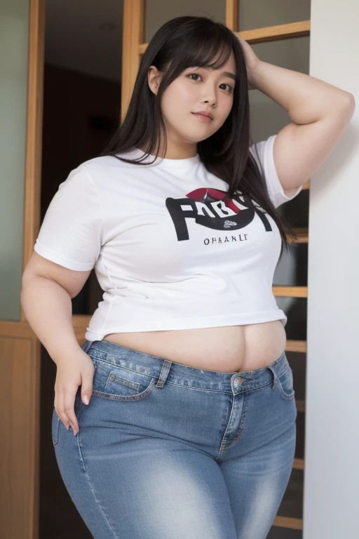 Enhanced dynamic perspective，(((One cute girl with a chubby body, )))(((Cute chubby round face、)))cute face、cute cute beautiful girl，Wearing a tight T-shirt((Wearing a Los Angeles Dodgers cap))((A bulging stomach))、Navel exposed in small shorts、Big ass、A young and cute gravure idol with a plump body.、look at me and smile，，works of masters，high quality，4K resolution，super fine，fine pubic hair，acura，cinematic lighting，(big breasts)、((Generated with standard pixels for Instagram posts))
