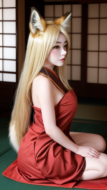 “A beautiful woman with cat ears, long blonde hair, and red eyes. She has a tear mole under her left eye, no human ears, red eye shadow, and light red blush. She is wearing a traditional Japanese yukata with a yellow obi and red thong geta sandals. The image should be highly detailed, 8K resolution, with cinematic lighting and a twilight sky, capturing intricate textures.”