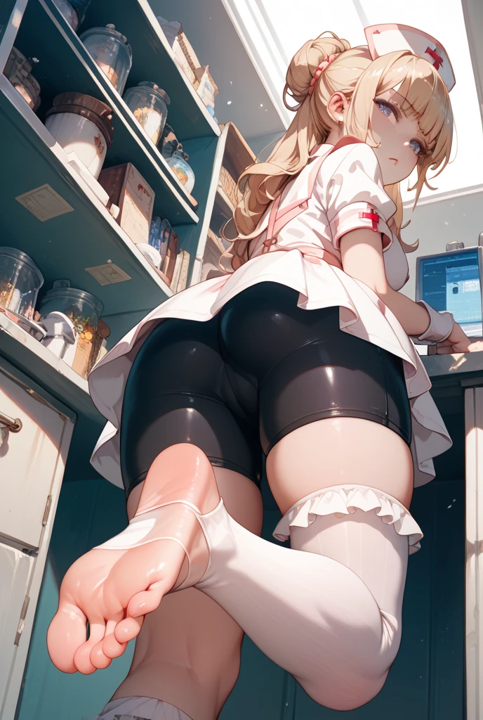 a girl,maidennurse,sitted,Frill socks,Viewpoint from below,soles of feet,embarressed, bike shorts ,Pouting your lips,Toeless wear ,Cross wear,masterpiece,Best quality,No censorship