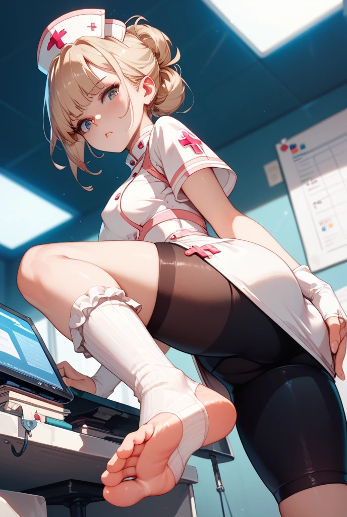 a girl,maidennurse,sitted,Frill socks,Viewpoint from below,soles of feet,embarressed, bike shorts ,Pouting your lips,Toeless wear ,Cross wear,masterpiece,Best quality,No censorship