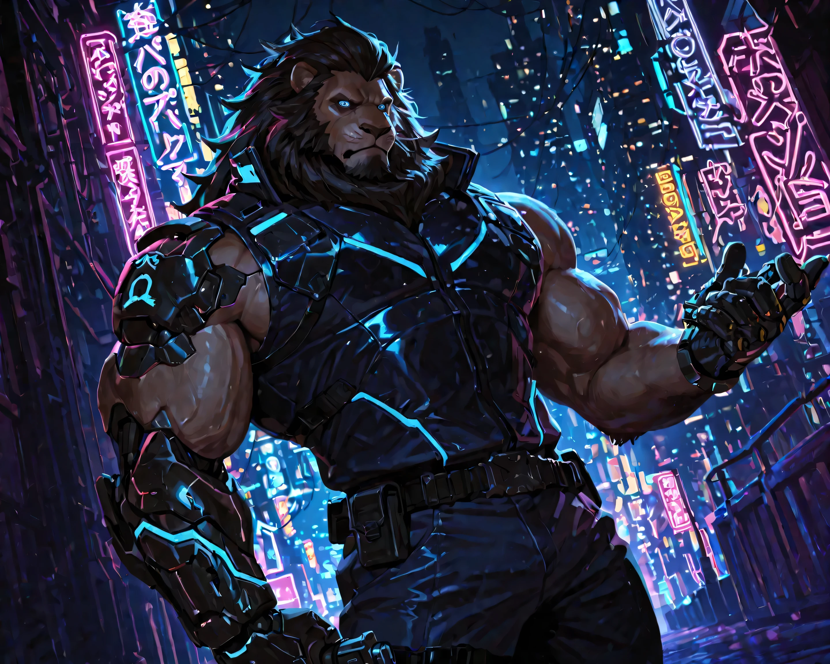 male lion cyberpunk police officer about to breach a door, sharp blue cybernetic eyes, dark mane, strong jawline, large muscles, cybernetic left arm, stern look, cyberpunk police outfit, cyberpunk pistol in hand, at night, neon lights, masterpiece, high quality, best quality, 4k resolution, dynamic lighting, dynamic shadows, dutch angle,