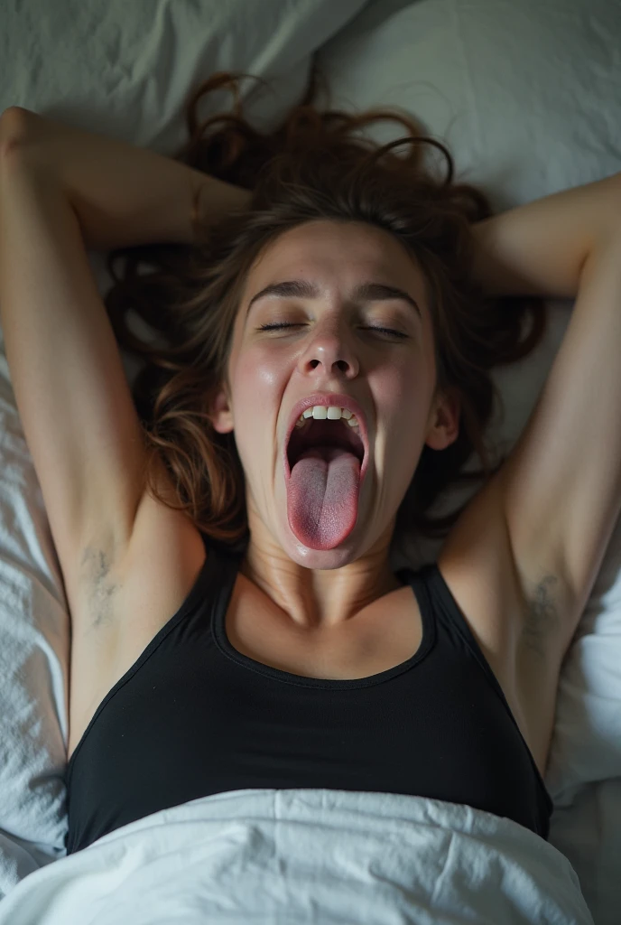 absurd res, flawless face, girl with a soft body, nude, naked, (eyes shut straining "Oh!!!" face), (white American woman), colorful short chin length hair, (25 years old), Tessa Winters, facing viewer, laying on back in bed, legs spread, (nude), (naked), (hairy pussy, pubic hair), (orgasm, pussy is cumming) , masterpiece, highly detailed, detailed eyes, expressive detailed eyes, pale skin, wide eyed, detailed pupils, (looking down at her from above), ((showing her pussy)), (pubic hair), (orgasm, pussy is cumming), ((oozing pussy))