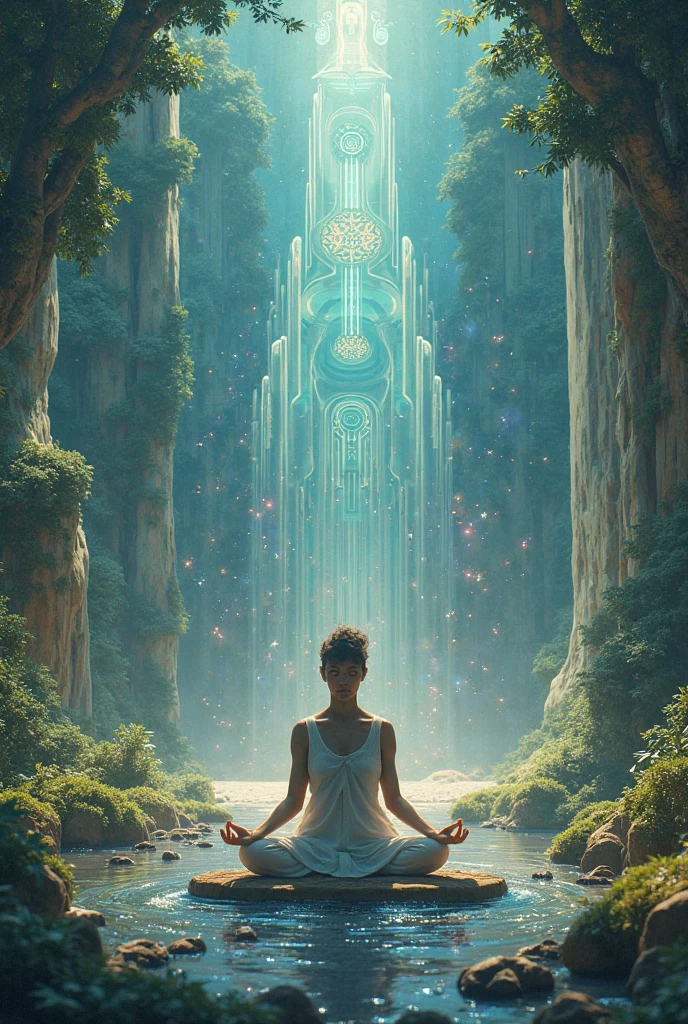 I would like to generate a highly detailed, beautifully illustrated image of a spiritual artwork that exudes a sense of enchantment and wonder. The artwork should depict mystical symbols and vibrant colors, creating a mesmerizing and ethereal atmosphere. The focal point should be a majestic figure surrounded by celestial elements, such as stars, nebulae, and glowing orbs. The lighting should be soft and diffused, adding to the dreamlike quality of the image. The intricate details and intricate patterns should be prominent, creating a visually captivating experience. Please include elements of nature, such as lush forests or serene bodies of water, to further enhance the magical ambiance. The overall composition should convey a sense of tranquility and spiritual enlightenment. Thank you!