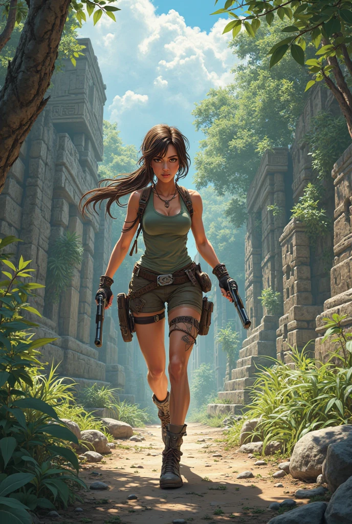 Kristin Kreuk, brune avec une longue tresse et de beaux yeux verts, in the role of Lara Croft l&#39;adventure through the research of treasures, tout seul dans les ruines d&#39;un temple maya envahi par la nature. action. lighting cinematic. Angle dynamique. Best quality. highly detailed. Chef d'oeuvre.