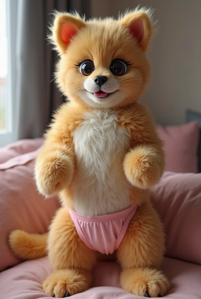 retsuko, changing room, surprised, blush, undressing panties, string bra, 2 girls, taking off panties