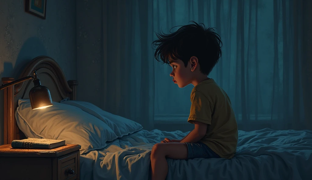 In a dimly lit, cluttered room, a young boy sits alone on the edge of a worn-out bed. The room, once bright and inviting, now feels like a confined space of despair, with faded posters peeling off the walls and scattered belongings hinting at a life that has been disrupted. The boy's clothes are rumpled, and his hair is disheveled, giving the impression of someone who has been lost in their own thoughts for too long.His face, etched with sadness, is illuminated only by the soft glow of a single, flickering lamp on a nearby desk. The shadows cast across his face accentuate the deep lines of worry and the heavy burden he seems to carry. His eyes, red and puffy from crying, stare blankly at the floor, unable to focus on anything in particular. The boy's posture is hunched, as if the weight of his emotions is physically pulling him down.Around him, the room is filled with signs of chaos—a toppled bookshelf, scattered books, and crumpled papers, reflecting the turmoil of his inner world. A broken picture frame lies shattered on the floor, with fragments of a photo of happier times scattered around it. The room's once vibrant colors have dulled, mirroring the boy's mood.Outside the window, the sky is overcast, with dark clouds rolling in, adding to the overall sense of gloom. The rain begins to patter softly against the windowpane, further amplifying the boy's sense of isolation and helplessness. The room is quiet except for the faint, rhythmic sound of the rain, which seems to echo the boy's heartbeat—slow and heavy.The boy's thoughts are tumultuous; he's grappling with a recent loss or disappointment that has left him feeling adrift and disconnected. He clutches a small, comforting object—a faded photograph, a cherished toy, or a handwritten note—close to his chest as if seeking solace in the memories it represents. His tears fall quietly, blending with the raindrops, and his breathing is shallow, as if even the simple act of drawing air is a struggle.This scene capture