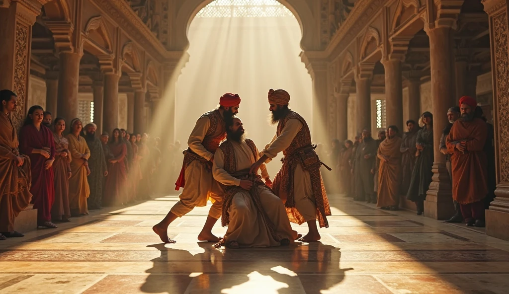 News of the Illness - A royal messenger hurriedly delivering news to Akbar about his grandson’s illness, with a worried Akbar reacting.
