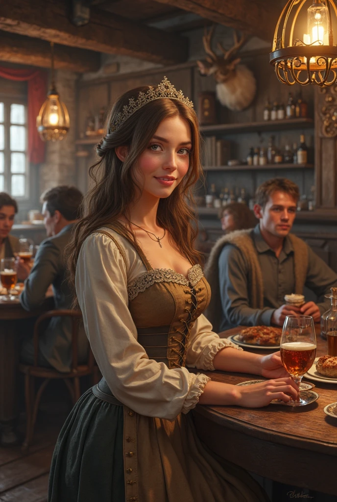 (Masterpiece.UHD.photorealistic). 1 ultra hot gorgeous European woman.age 23., solo, large breasts, looking at viewer, smile, hair ornament, cleavage, dress, bare shoulders, jewelry, collarbone, upper body, red hair, flower, teeth, solo focus, hair flower, necklace, blurry, strapless, tattoo, depth of field, blurry background, (realistic:1.3) crowd, (in a medieval tavern:1.1), 8k, cinematic, fantasy