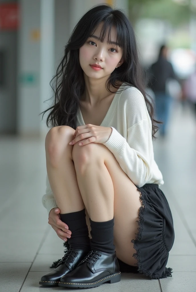 （1girl）， best qualtiy， 超高分辨率， （フォトリアリスティック）， （detailedeyes：1.4）， （realisticlying， photo-realistic）， lighting perfect， ssmile， （is in night：1.2）， nevando， （Long straight hair）， bluntbangs， high top sneakers， looking at viewert， (from below)， （full body）， realisticlying， light-skinned， （scarf：1.2）， （one shoulder off shoulder shirt：1.2）， （black short skirt：1.2）， （black pantyhoses：1.2）， jewely， 耳Nipple Ring， Have on the street， sitting on a bench
