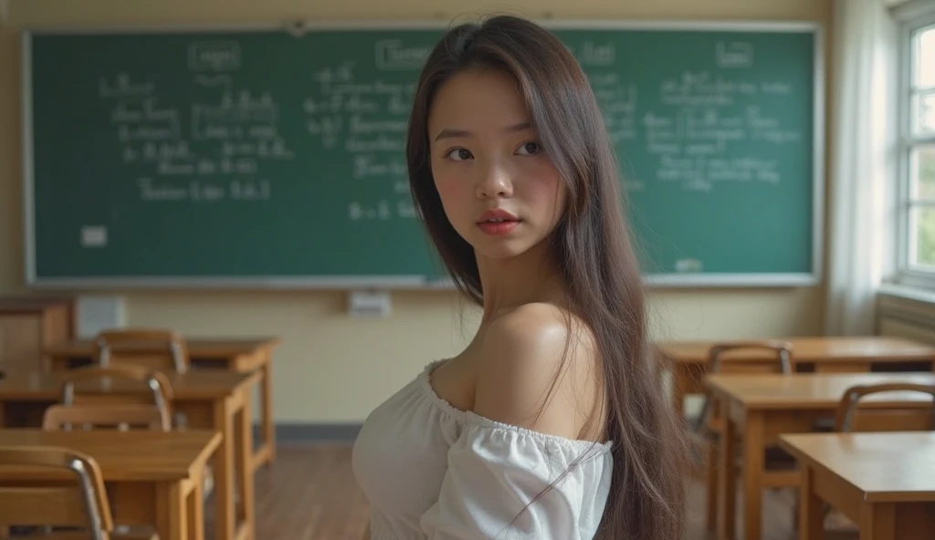 Best quality, masterpiece, Beautiful, young indian woman, teacher, college, looking straight at viewer, wearing elegant red full sleeve top and long skirt, college classroom, sitting on chair, professionalism, teen age, detailed face, detailed body, symmetric face, cute face, dynamic pose, perfect anatomy, holding books with hands, photorealistic, curvy body, braid hair, 8k, ultra realistic, blackboard background, widescreen desktop wallpaper, ambient occlusion