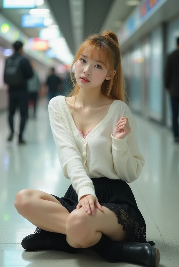 highest quality、masterpiece、ultra high resolution、Photoreal、RAW photo、1 girl、sexy look、shoulder hair、The lower half is curled and sauvage、cute smile like a model、frontage、Hair color is blonde、Tight mini skirt in yellow、Ordinary high heels、eyes are double、wear mascara、Cute pose like a model、cute face、Gorgeous like a model、ultimate beauty、cute smile、bright smile、Masseter muscle part、highest quality、Clothes suitable for winter、trendy down jacket、The scenery in the background is Dazaifu Tenmangu Shrine..、japanese new year'visit、draw a fortune、There are many worshipers、In the background you can see a statue of a cow sitting sideways、nice and cute smile、