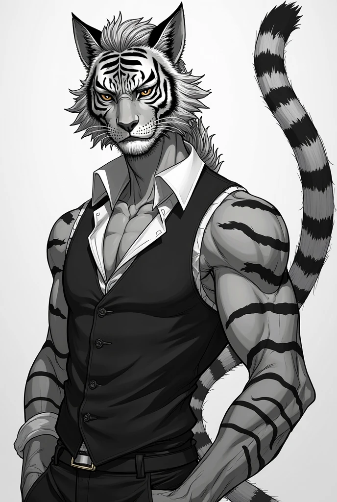 {{bara extremely handsome white tiger,}} {{white fur,}} white, wearing elegant ornate suit jacket, trousers, white dress shirt and necktie, white fluffy furry body and limbs, loafers, very tall, very broad shoulders, narrow waist, muscular arms, massive pecs, purple eyes, very long legs, massive bulge, sophisticated hot look, full body, 3/4 view, best quality, high quality, silver earring on left ear, sultry smirk, multiple views, character sheet
