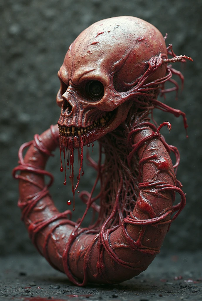 A bizarre, unsettling scene of a reality constructed entirely from meat, flesh, organs, and blood. The landscape is a grotesque mix of limbs, entrails, and veins that form a twisted, nightmare-like environment. Distorted humanoid figures made of flesh and blood are seen wandering through this macabre world, their expressions a mix of horror and confusion.