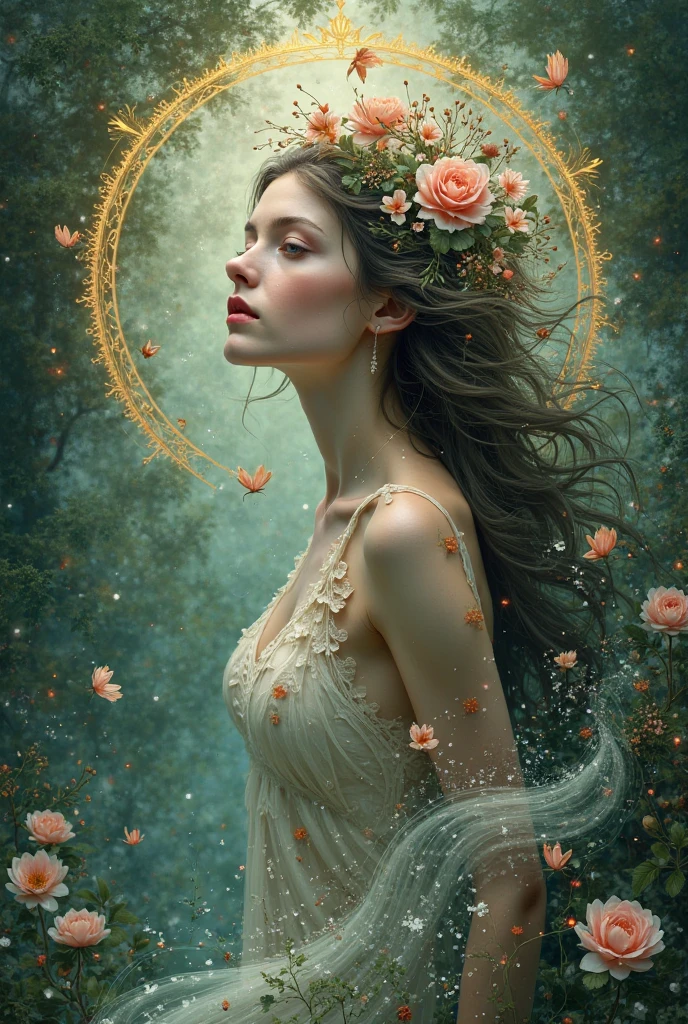 Aurora's Awakening: A museum-quality painting in the style of Leonardo da Vinci, featuring a serene and captivating full-body portrait of a woman clad in a stunning (((transparent white dress:1.3))) and stockings. Her skin is adorned with intricate, photorealistic tattoos depicting the Garden of Eden. Adam and Eve are tenderly entwined around her left ankle, while the Tree of Knowledge rises from her right shoulder like a verdant crown. Various animals - deer, birds, and serpents - mingle amidst lush foliage on her arms and torso. The woman's pose exudes tranquility, as if she's emerged from the Garden itself. The soft, golden-hued background glows with an ethereal light, subtly illuminated by lens flares that evoke a sense of divine presence. Every detail is meticulously rendered in the highest quality, from the red dress's luxurious texture to the delicate patterns on her stockings. The overall effect is one of breathtaking beauty, as if the very essence of femininity has been distilled onto the canvas. Composition: 0.618:1 (Golden Ratio) ensures harmony and balance in this masterpiece, with the woman's figure forming the central axis. The tattoos' intricate details are expertly woven into her skin, creating a sense of depth and dimensionality that draws the viewer's eye. Resolution: A high-definition masterpiece, achieved through an ultra-fine level of detail that invites the viewer to explore every aspect of this captivating work.