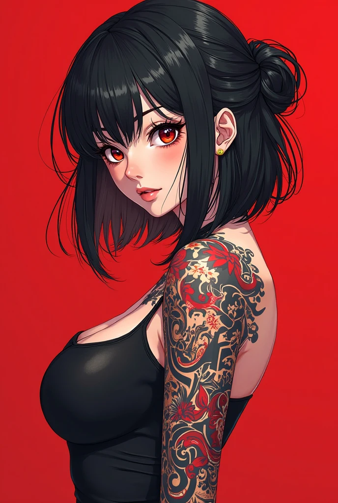 Anime girl, with Morena skin tone, big boobs, brown eyes, small eyes, wavy black hair, and a tattoo of 2 koi fish under boob make the koi fish circle each other just like yin yang form make the tattoo small just minimalist.  And the color of koi fish tattoo should be the one is Black and the other one is Red.