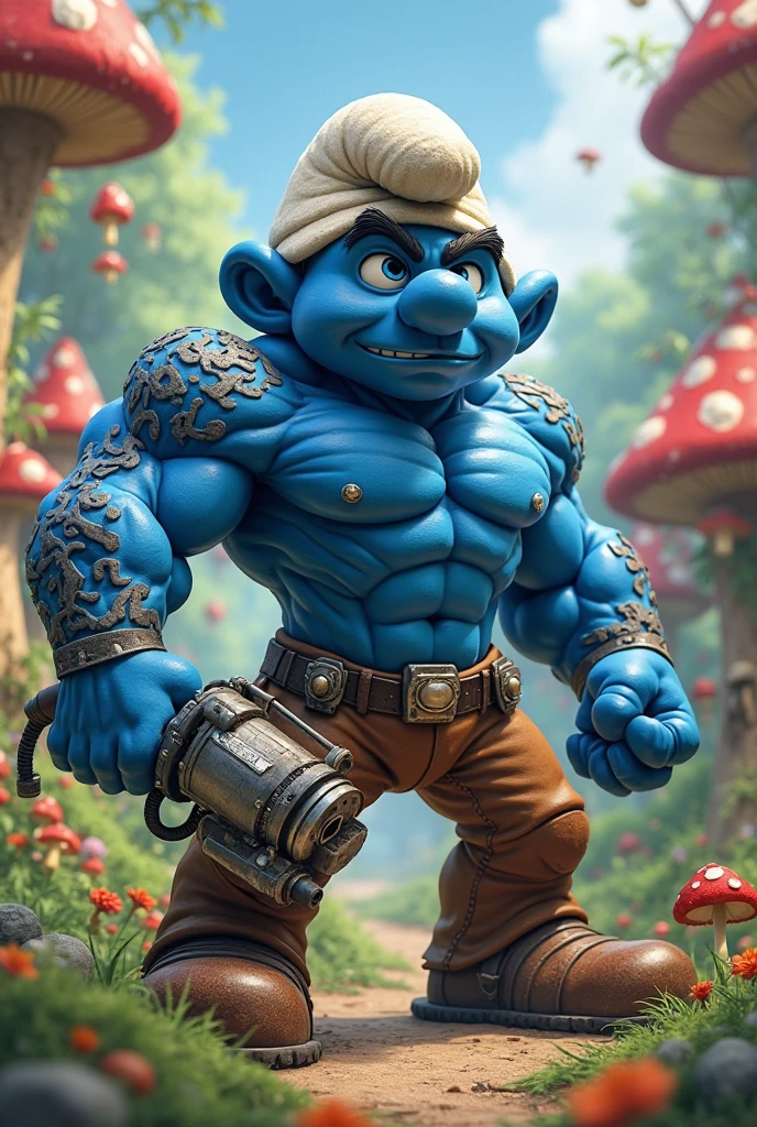 Smurfette is a very beautiful girl sitting on Papa Smurf's lap. Papa Smurf is very muscular and strong, with a cigar in his mouth and tattoos on his arms. He is seated in a chair. He has a gold necklace around his neck, and in one hand, he holds a gold-plated AK-47. On Papa Smurf's chest, there is a tattoo that says 'BATUHAN BEY'. The background shows the Smurfs' village in light-toned colors. The photo should have a realistic style.