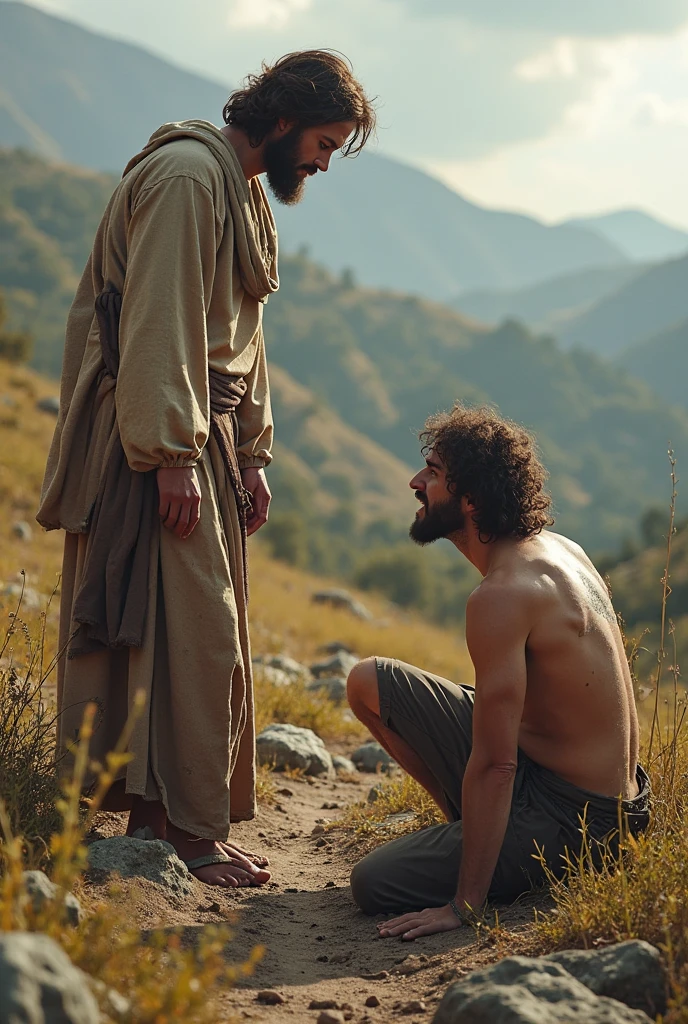 A man is got hurt by a stone but also had by Jesus