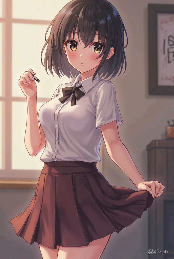 {{beautiful}}, amazing, (best quality:1.5), (masterpiece:1.5), extremely delicate and beautiful, intricate details, finely detailed, extremely detailed, beautifully detailed, ultra-detailed, (hyperdetailed:1.5), high resolution, (illustration), watercolor pencil, Clear line drawing, (ufotable style:1.1), (ufotable screen cap:1.1), anime coloring, anime screencap, (latest picture), backlighting, dynamic angle, glow, depth of field, {{body satisfaction}}, (body with a good balance of style:1.5), (slender figure:1.5), perfect body, perfect hands, perfect feet, (two arms:1.2), (two legs:1.2), (five fingers each:1.2), (perfect joint:1.2), perfect joint movement, beautiful detailed eyes, (detailed eyes:1.5), finely detailed eyes, perfect anatomy, full dissection, perfect composition, correct limbs, balance and coordination in all things, realistic:0.5, precise fingers and hands, (finely drawn hair:1.5), {{shy girl}}, (black hair:1.3), (short hair:1.3), (straight hair:1.3), bangs, (purplish red eyes:1.3), (medium breasts:1.3), (small-sized buttocks:1.3), {{school uniform}}, (white collared shirt:1.5), white shirt, breast tent, (checkered pleated skirt:1.5), checked skirt, pleated skirt, (unbutton one's first button:1.5),