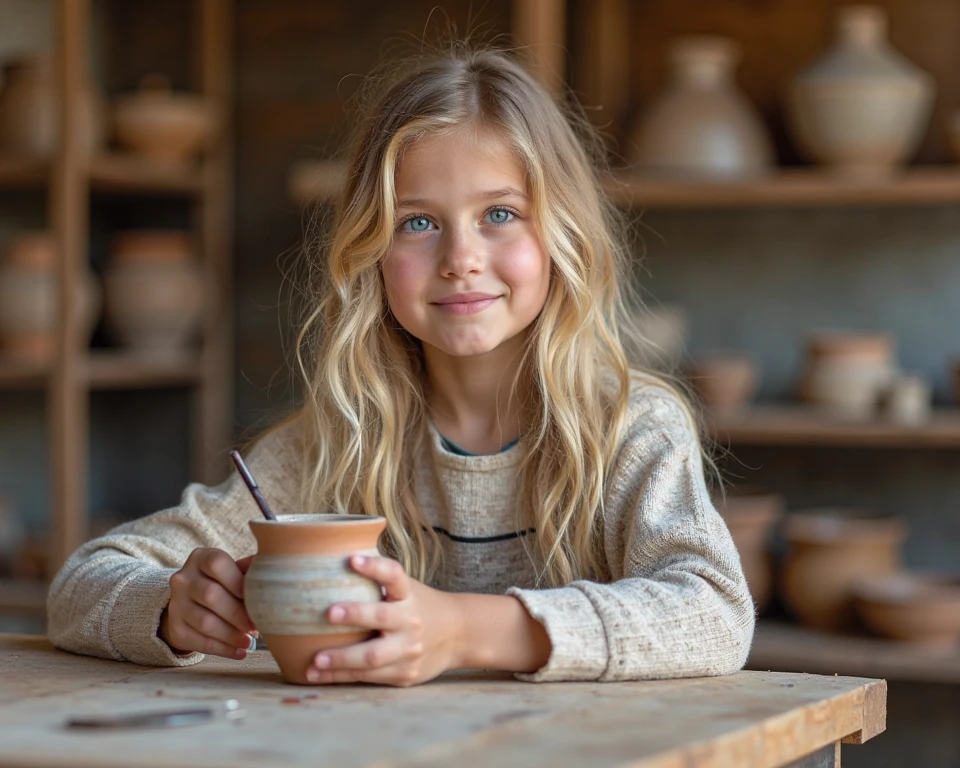 cinematic photo style by Henri Cartier-Bresson, 1 girl 14 years old crochetes knitted toys while sitting in a chair, (A 50-year-old woman sits next to her and smiles.), portrait, against the background of a white wall of children&#39;s drawings and a window, on a wooden table there is one white mug full of tea, books, film, bokeh, professional, 4k, highly detailed,