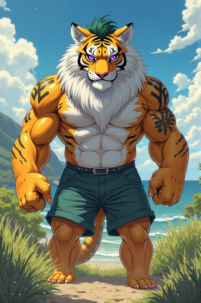 Male tiger、Golden tiger、Golden Mane、Completely naked、Huge penis silhouette、Huge scrotum silhouette、Very large amount of pubic hair、Very large amount of chest hair、very large amount of axillary hair,、Very large amount of belly hair、Red Bikini、Great smile、Side view、Great smile、Male lion、Beach Background、Tropical Island、Beach、Hands touching the crotch、Hugely bulging crotch underwear、Pose with wide open crotch、Very wet body、Abnormally large muscles、Very beautiful abs、abnormally developed muscles、Golden big eyes、Sharp toenails,、Composition looking up from below、White, shiny teeth、Dog Tags、Palm tree