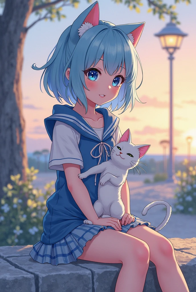 1 girl, cute, ocean eyes, a cat in her head, oversized blue school uniform, sitting in a bench with cats, full body, clear blue morning sky background, perfect body size, hair pins, river, trees, stockings, cute shoes, happy mood